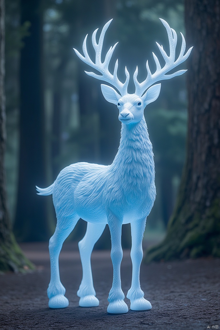 An 8K ultra-high-definition image of a luminous art piece featuring a celestial scene with a long, slender, and snow-white deer with clear, bright blue eyes that radiate deep wisdom. The deer's head is adorned with a pair of symmetrical, intricately carved antlers, each inscribed with ancient runes that glow mysteriously. Its strong, cloud-like hooves and fluffy, long tail exude a sacred aura with every graceful movement. The deer's overall appearance is both elegant and dignified, conveying a sense of transcendence. The realistic, photographic rendering is set against a forest background, enhancing the mystical and serene atmosphere.