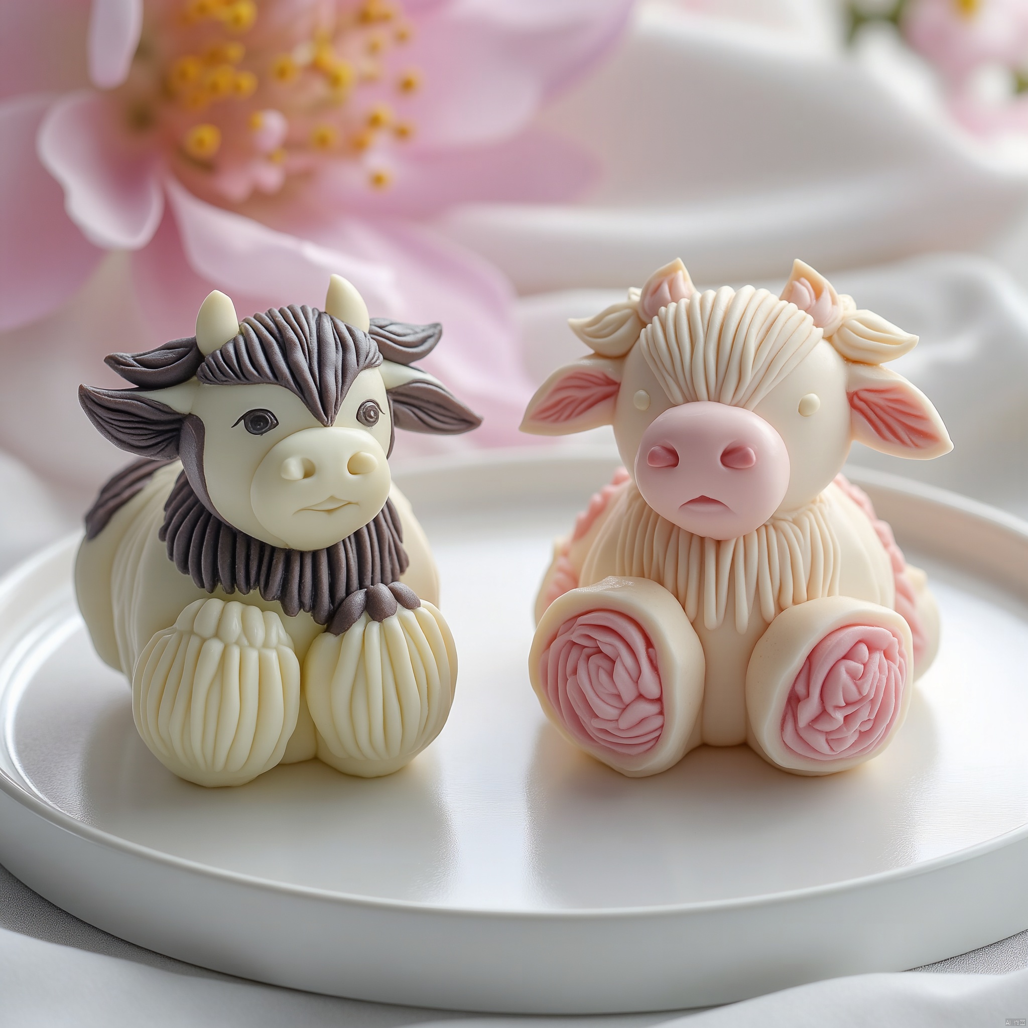 On a white plate, two elaborate cream cakes are arranged in an artistic and exquisite presentation. Each pastry has a unique shape and color, with one featuring an elaborate ox-shaped design in black and white. The surface details of each pastry are carefully carved to show intricate textures and gradients, especially in the head and body. The fragrance of flowers in the background exudes a tranquil and elegant atmosphere. Soft natural light highlights the exquisite details, creating a realistic rendering with high resolution and delicate colors. The vibrant and harmonious composition emphasizes artistry and attractive appearance, blending Asian dessert art with commercial photography in 32K UHD quality. The subtle textures and vivid colors capture the mouth-watering, rich details in close-up gourmet photography, showcasing the natural appearance and surrealism of the scene.