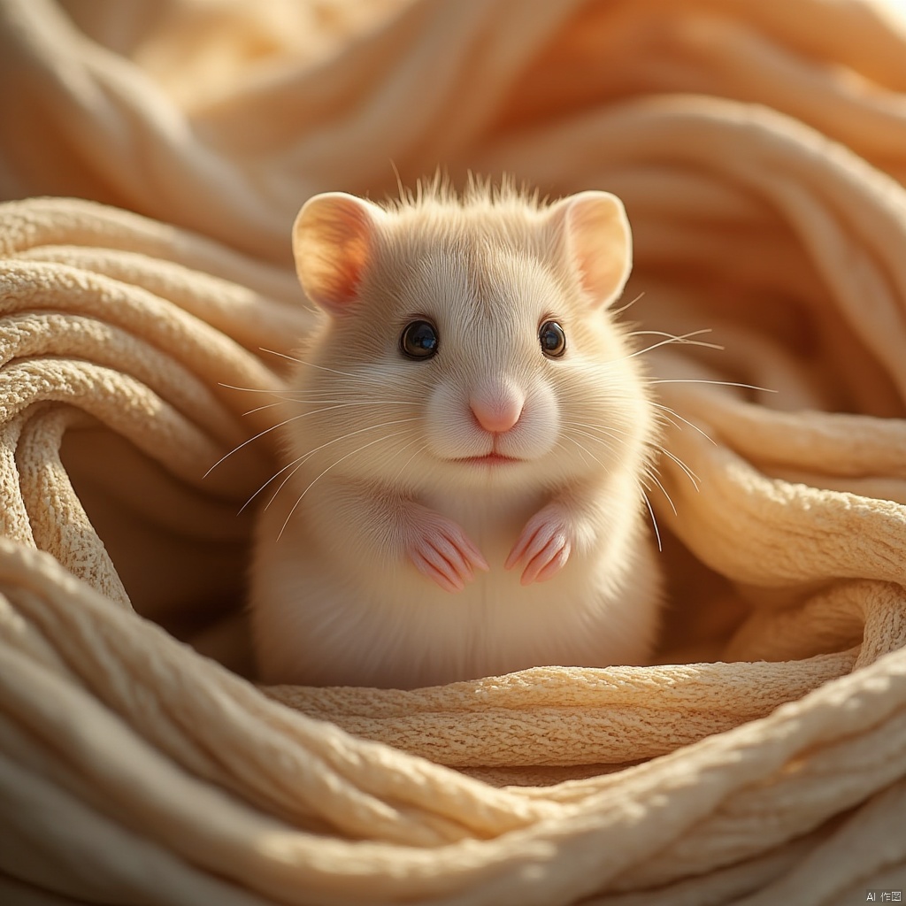 A cute little hamster sits adorably amidst layered fibers, blending the whimsical style of James C. Christensen with the intricate details of Andrzej Sykut. The scene is framed in a close-up, capturing the hamster's expressive face and the soft, textured fibers around it. Soft, natural lighting enhances the warm tones and intricate patterns of the fibers, creating a harmonious and inviting composition. The high-resolution rendering showcases the delicate fur and the layered textures, emphasizing the charm and realism of the scene.