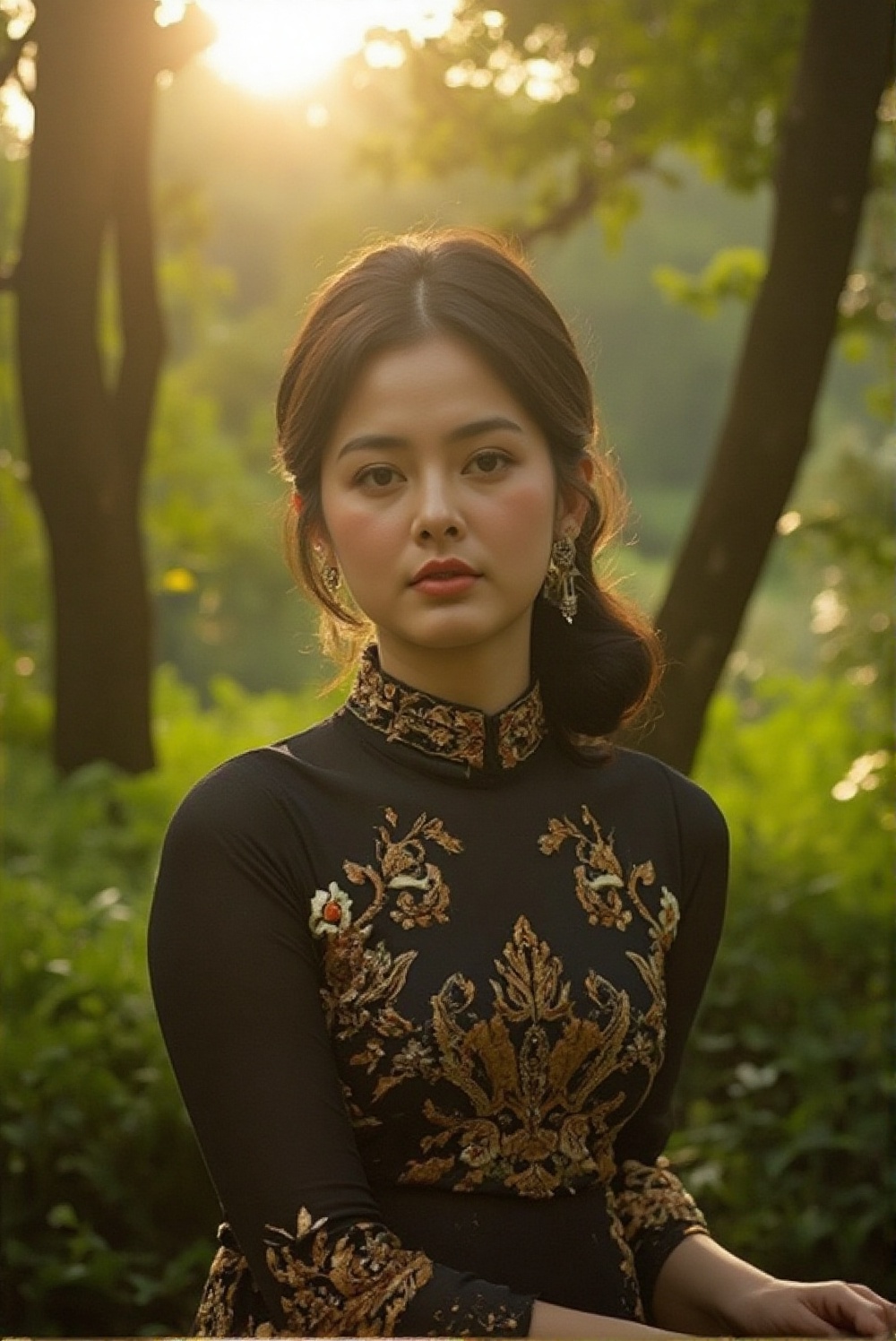 A serene and captivating portrait of a beautiful young woman. adelliahalim,  The subject sits elegantly amidst a lush fore...