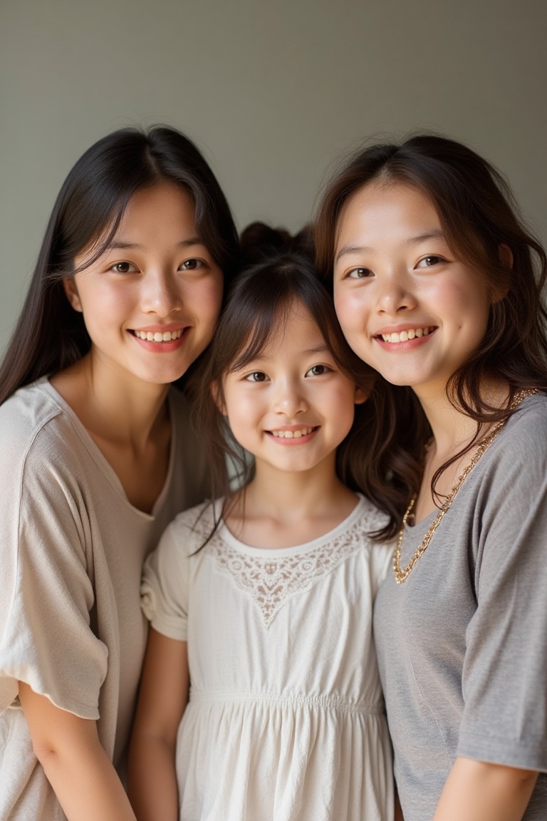 Three-person family photo: a young girl,  a woman,  and a young woman standing close together on Tensor.Art