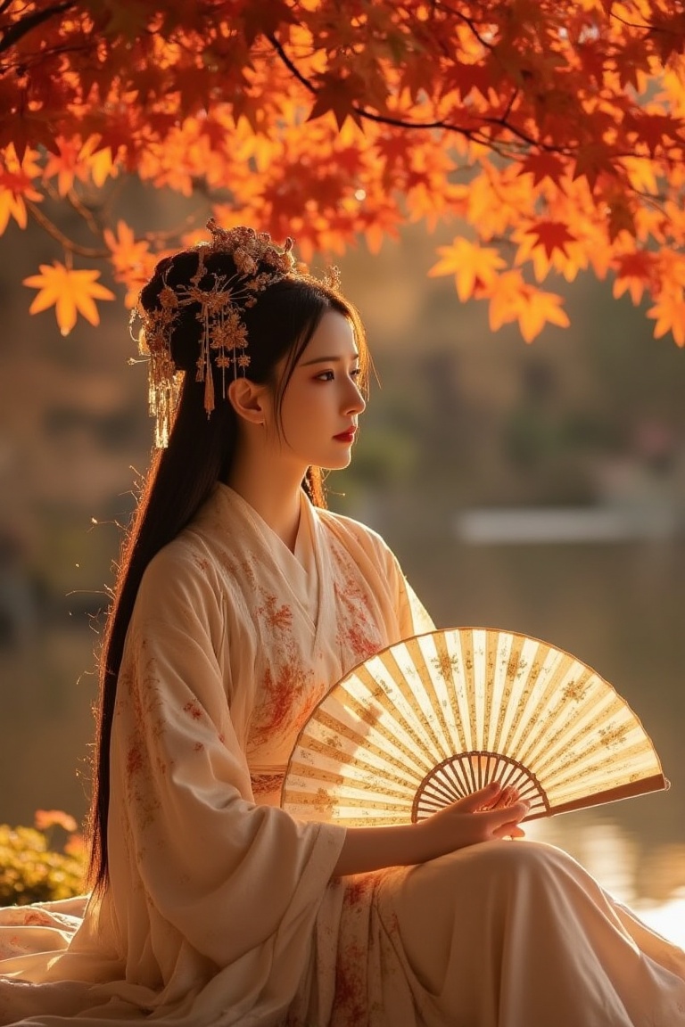A stunning ancient oriental beauty sits under a majestic maple tree,  surrounded by the soft glow of distant autumn colors...