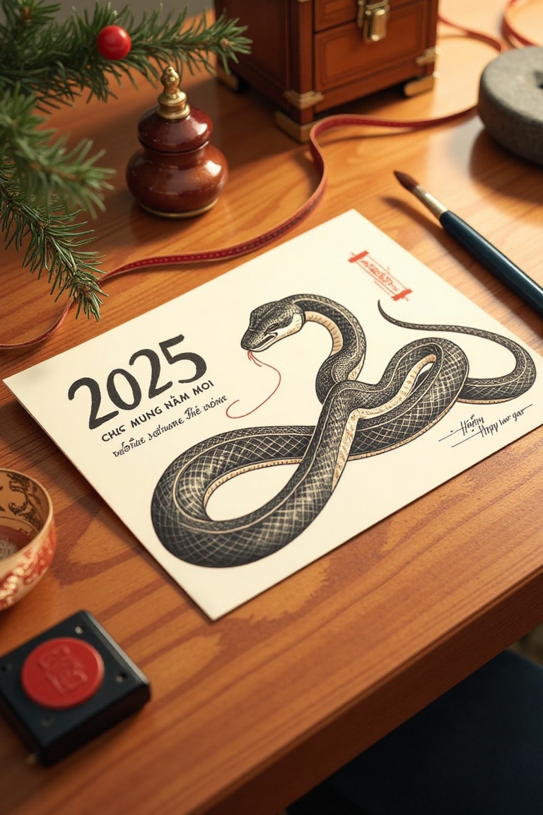 A traditional Vietnamese New Year's postcard for the Year of the Snake (2025) resting on a wooden desk. The postcard featu...