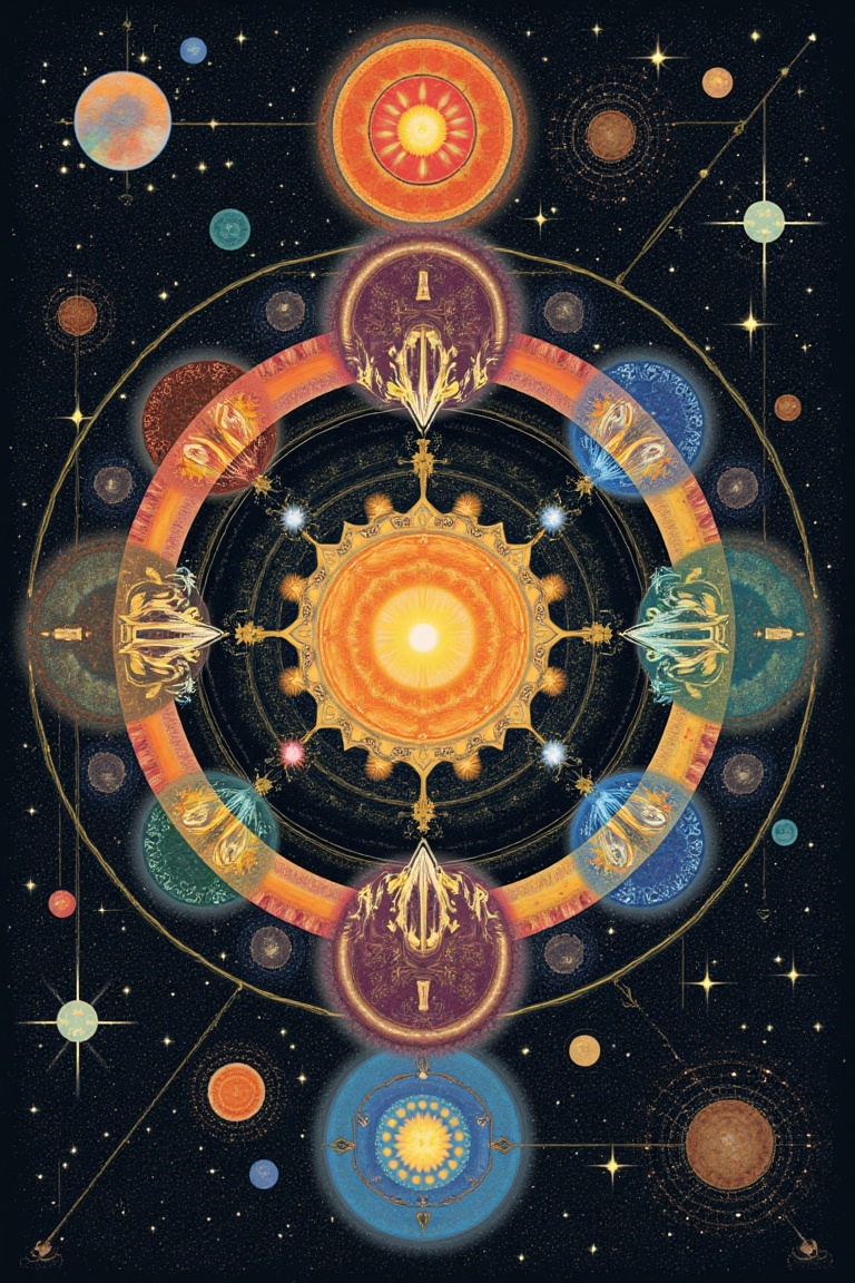 A Samsara cycle depicted as a circular flow encompassing different realms,  including symbolic representations of extrater...