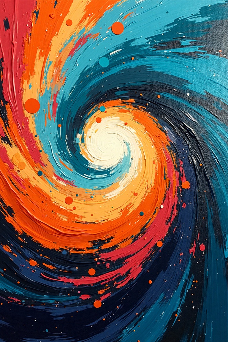 A vibrant canvas,  a symphony of color and form. A swirling vortex of turquoise and orange hues dominates the composition,...