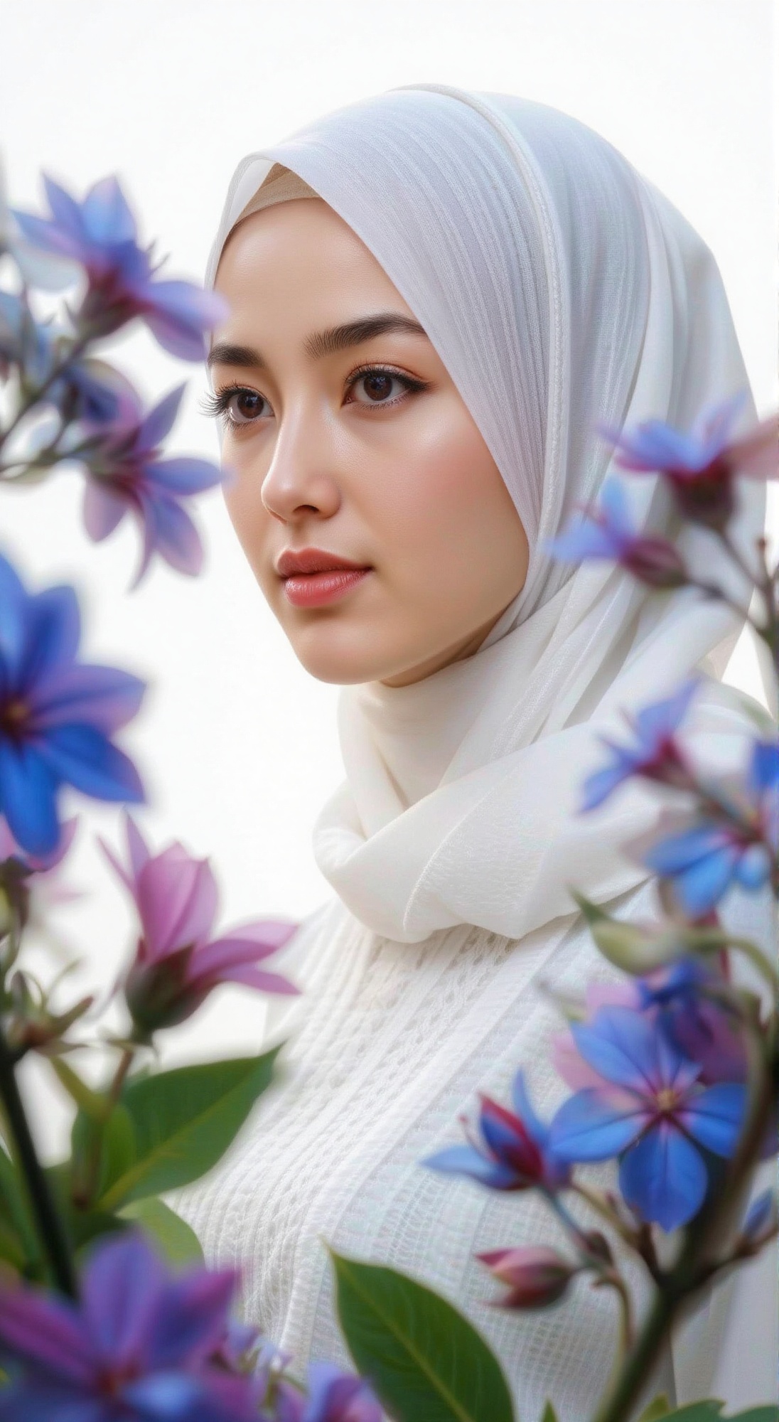 In a soft focus shot,  a side view white hijab young woman with stylish white sweater and sharply defined features is fram...