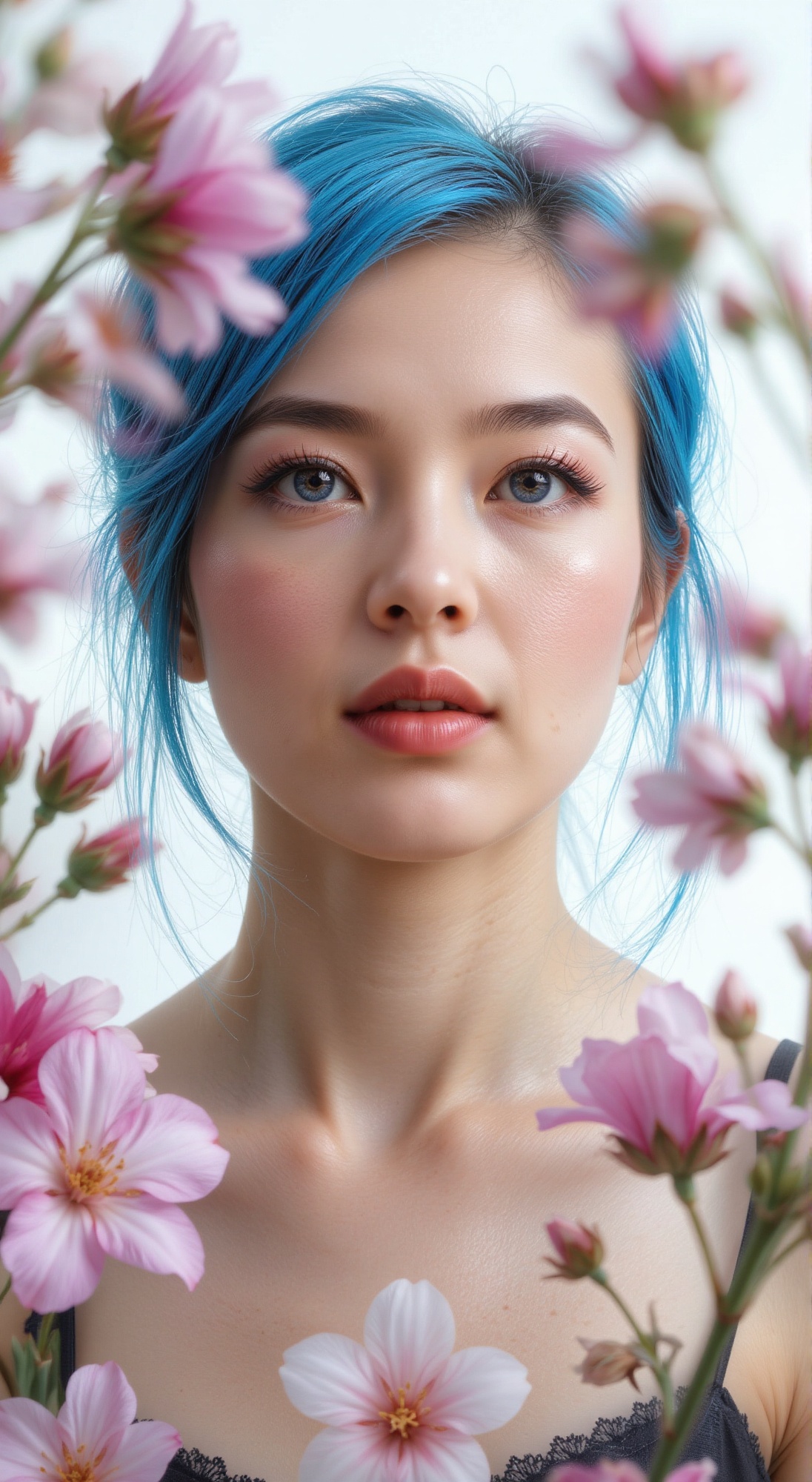 In a soft focus shot,  a woman with stylish blue hair and sharply defined features is framed against a crisp white backgro...