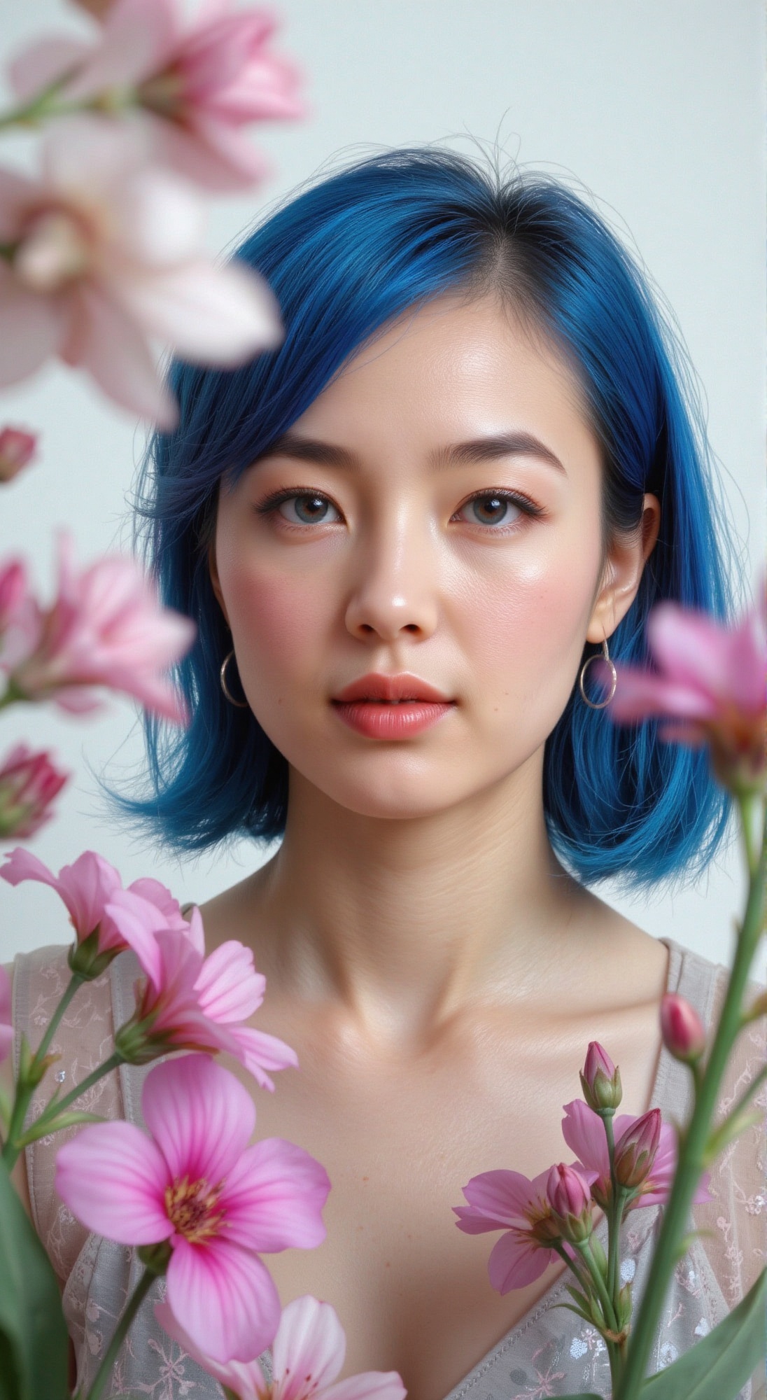 In a soft focus shot,  a woman with stylish blue hair and sharply defined features is framed against a crisp white backgro...