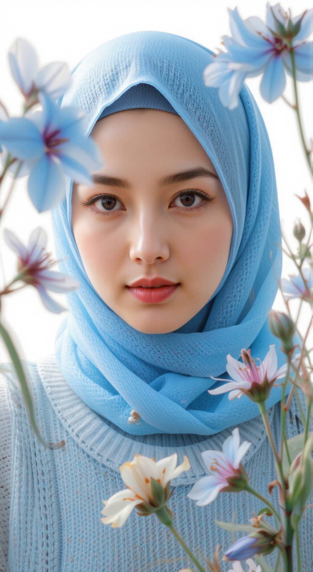 In a soft focus shot,  a hijab woman with stylish light blue sweater and sharply defined features is framed against a cris...