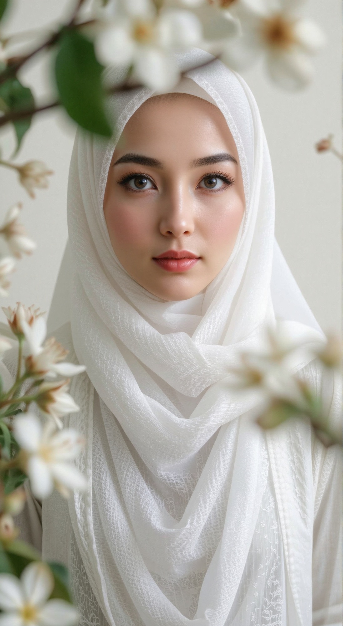 Soft focus shot: white hijab woman with flowing long hair and sharply defined features against crisp white background,  ge...