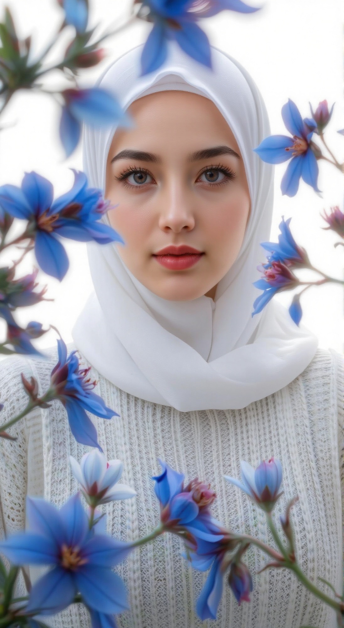 In a soft focus shot,  a white hijab woman with stylish white sweater and sharply defined features is framed against a cri...