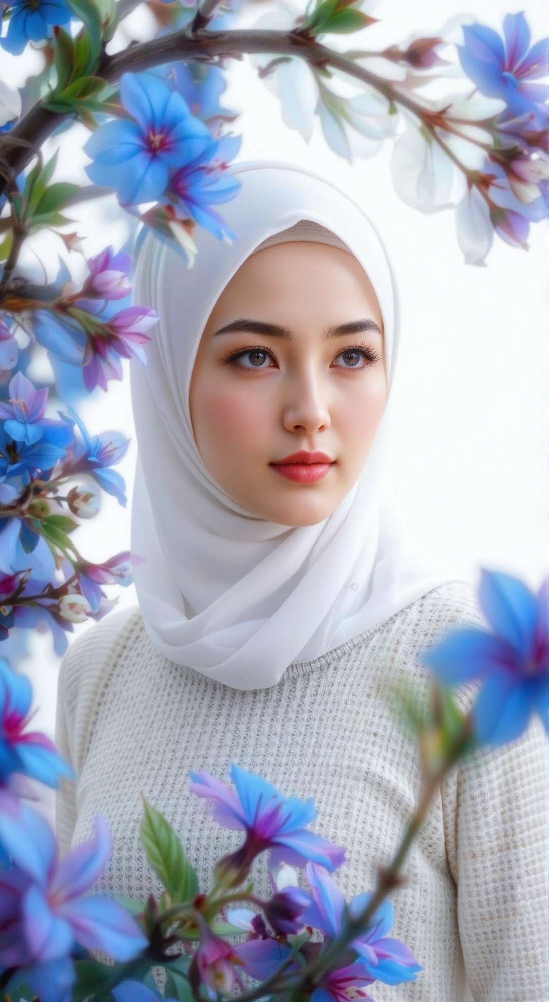 In a soft focus shot,  a side view white hijab young woman with stylish white sweater and sharply defined features is fram...