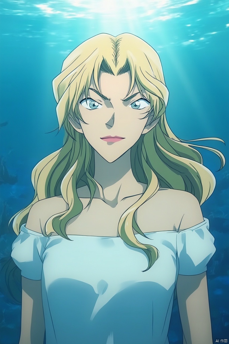 A beautiful woman,underwater,ethereal beauty,light color,(beautiful and pure blue background:1.2),blonde hair,maturity,attractive,perfect figure,(solo:1.2),(highest quality,extremely clear,masterpiece:1.2),anime style,