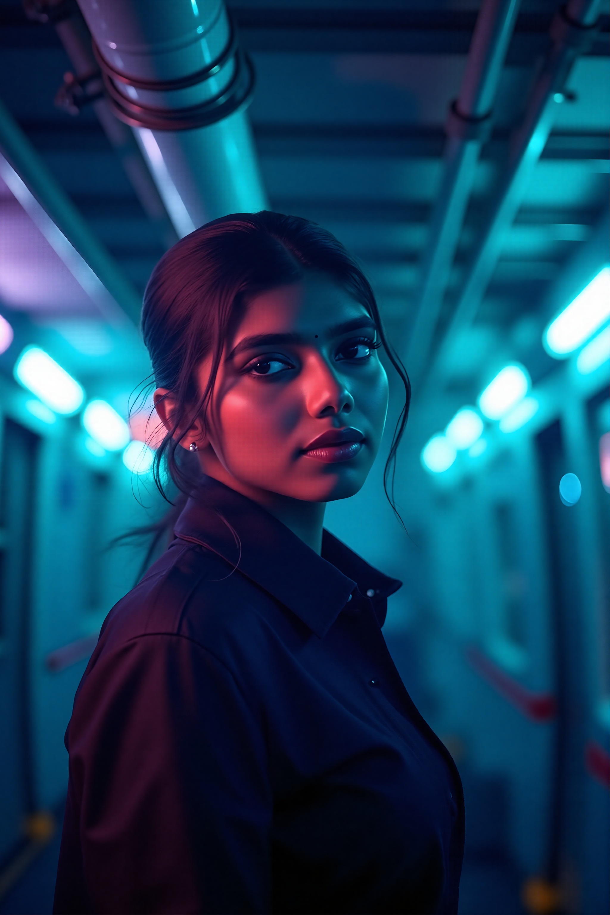 A beautiful mallu women,  teal and orange colour lighting in background,  futuristic subway on Tensor.Art