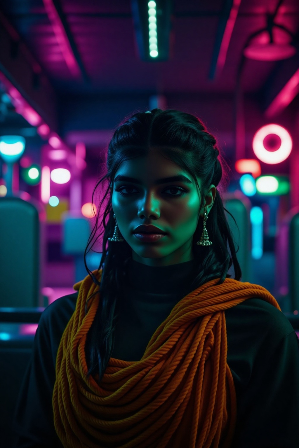 A beautiful mallu women,  teal and orange colour lighting in background,  futuristic subway on Tensor.Art