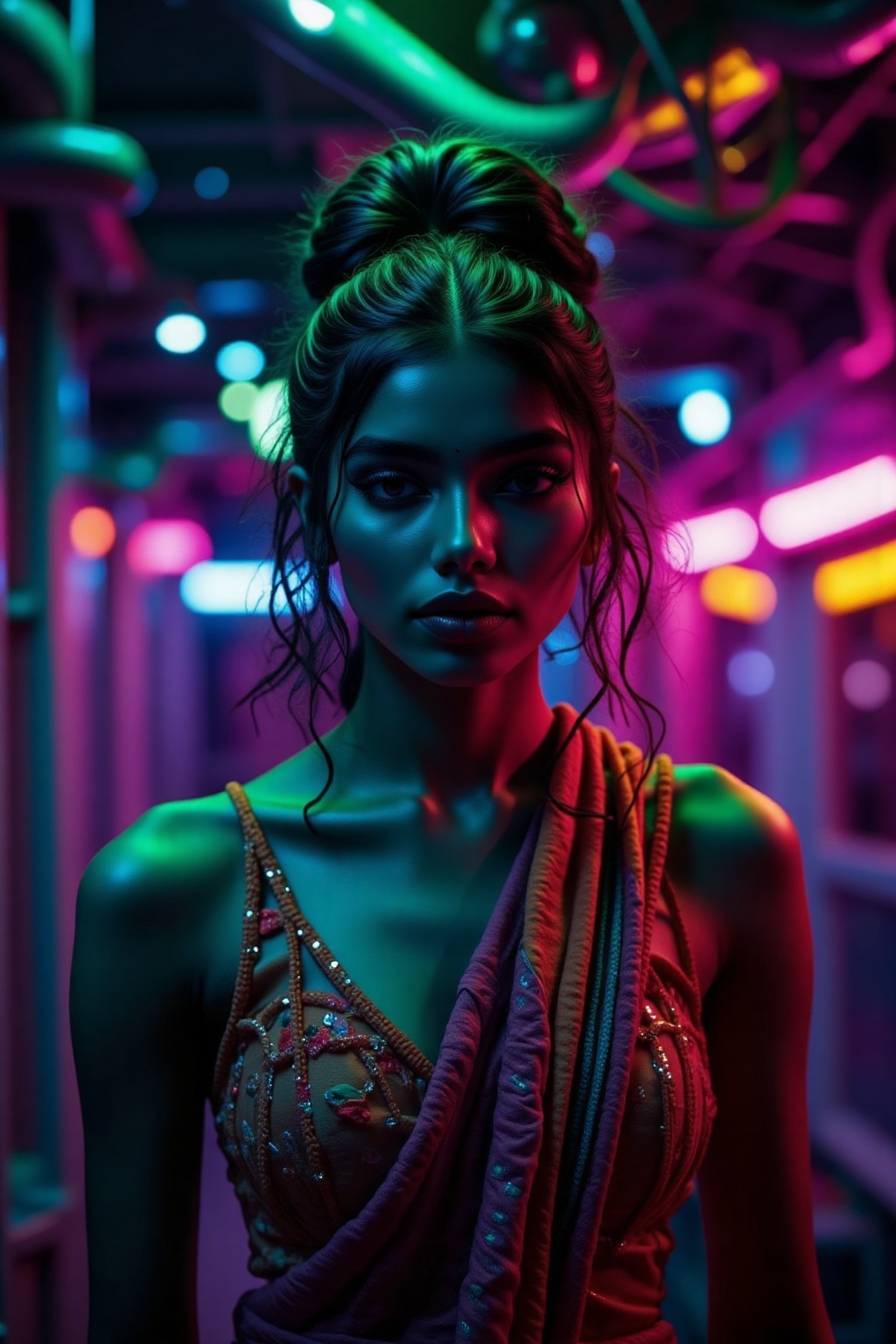 A beautiful mallu women,  teal and orange colour lighting in background,  futuristic subway on Tensor.Art
