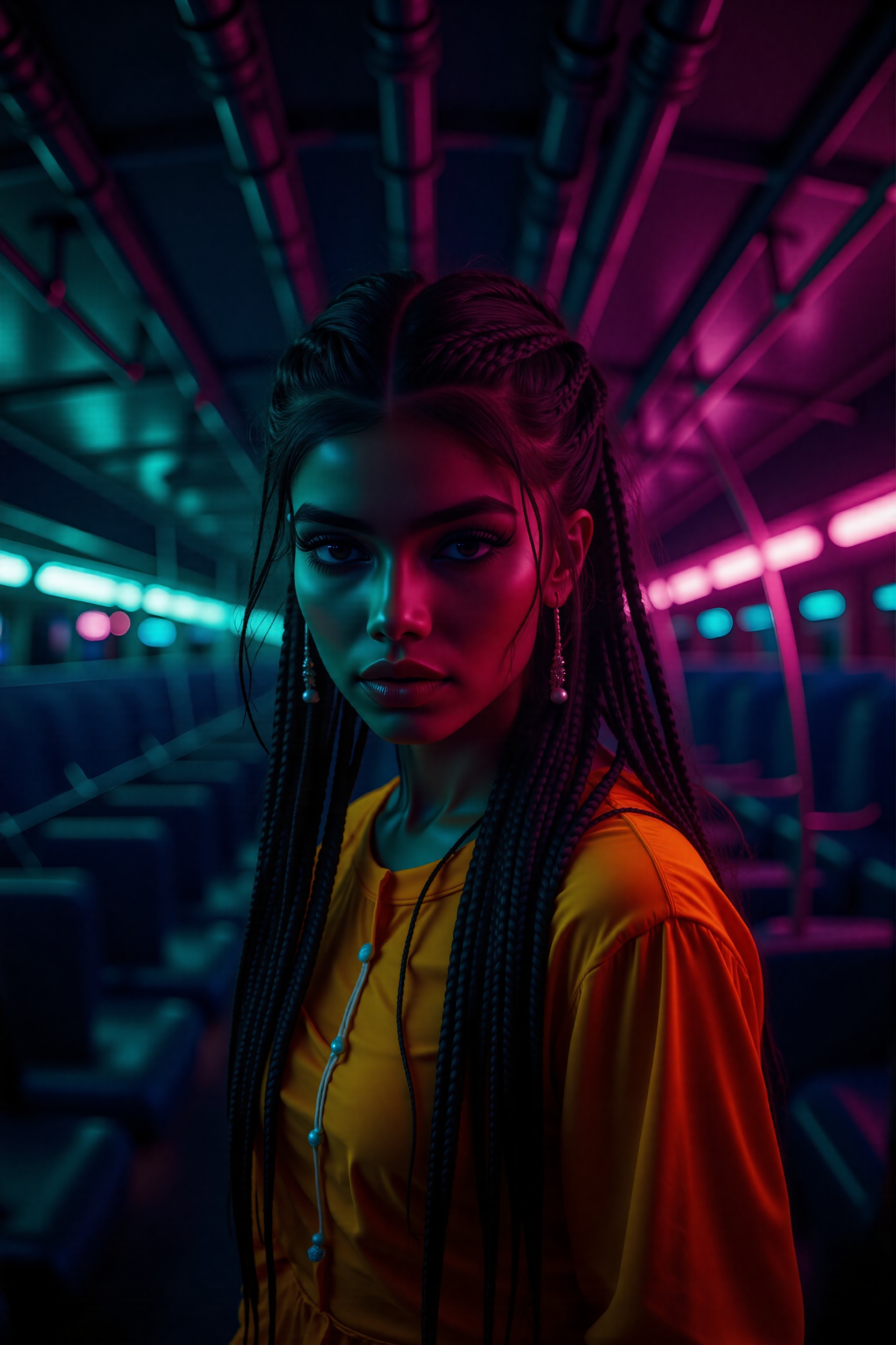 A beautiful mallu women,  teal and orange colour lighting in background,  futuristic subway on Tensor.Art