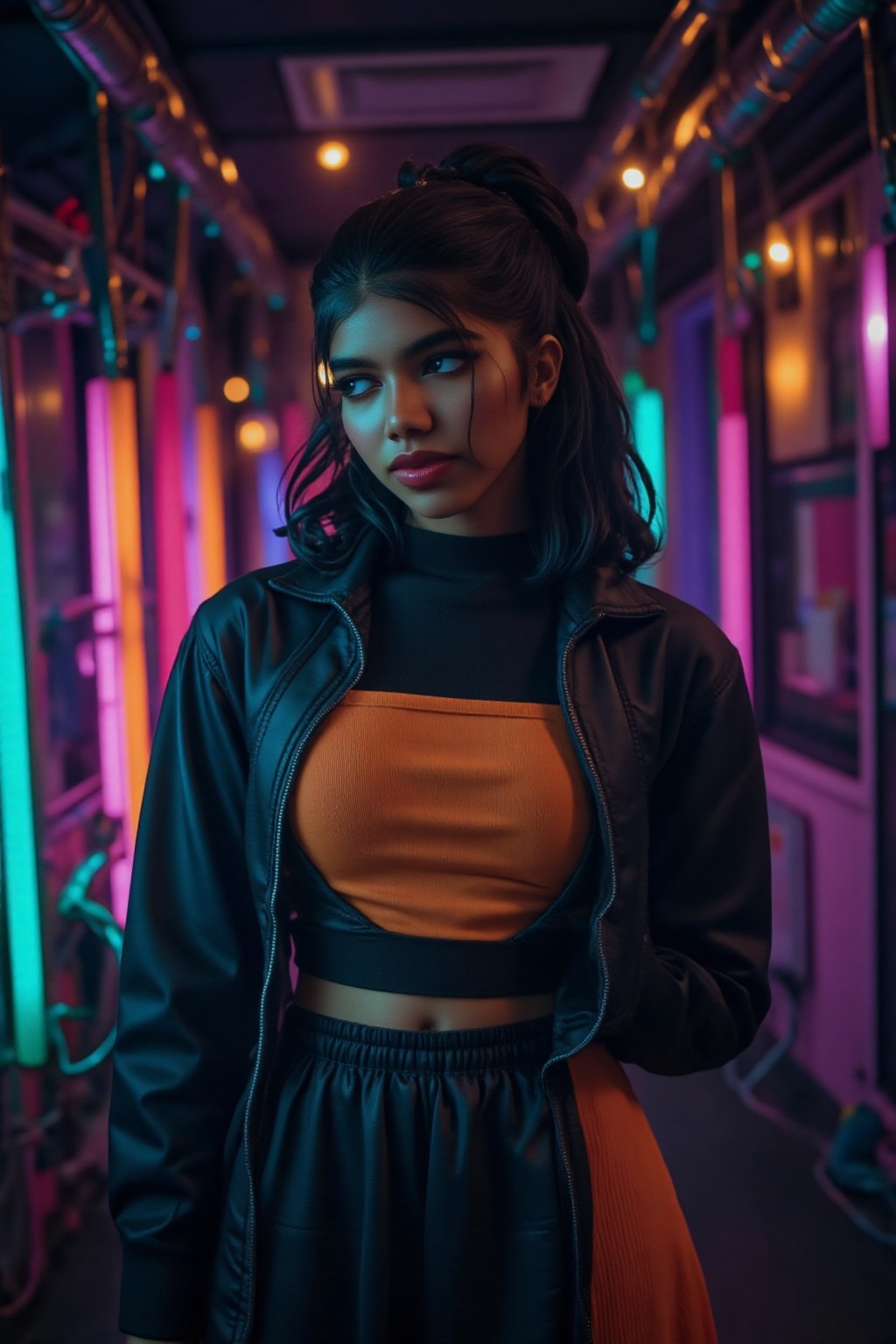 A beautiful mallu women,  teal and orange colour lighting in background,  futuristic subway on Tensor.Art