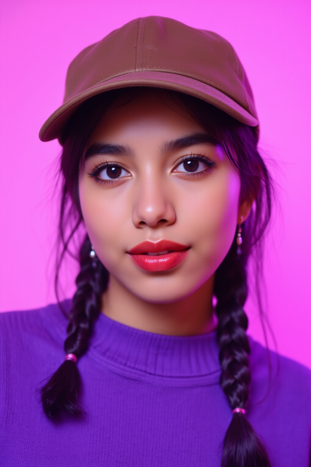 A photorealistic full-body portrait of a stunning 21yo hubggirl with perfect hands. She wears a vibrant purple sweater and...
