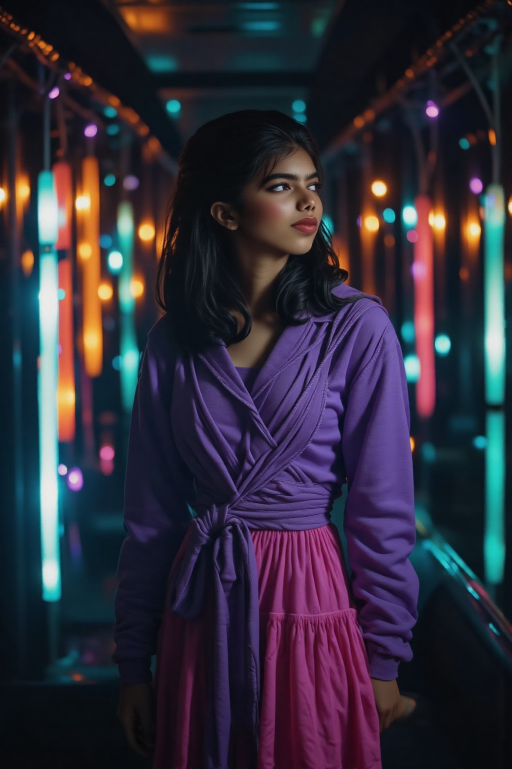A beautiful mallu women,  teal and orange colour lighting in background,  futuristic subway on Tensor.Art