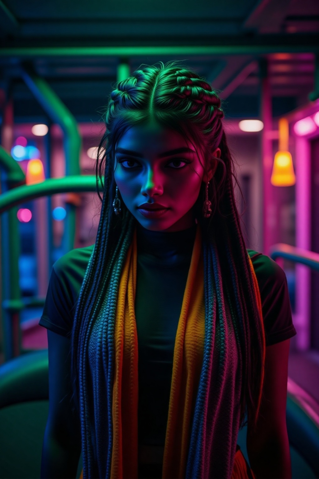 A beautiful mallu women,  teal and orange colour lighting in background,  futuristic subway on Tensor.Art