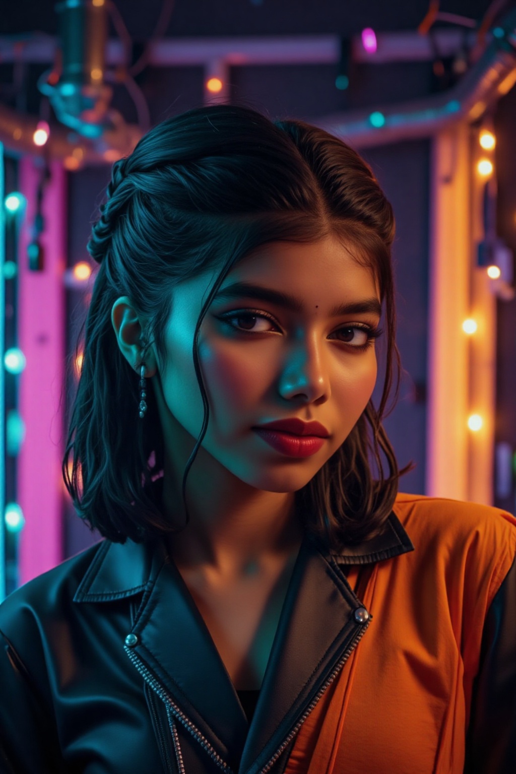 A beautiful mallu women,  teal and orange colour lighting in background,  futuristic subway on Tensor.Art