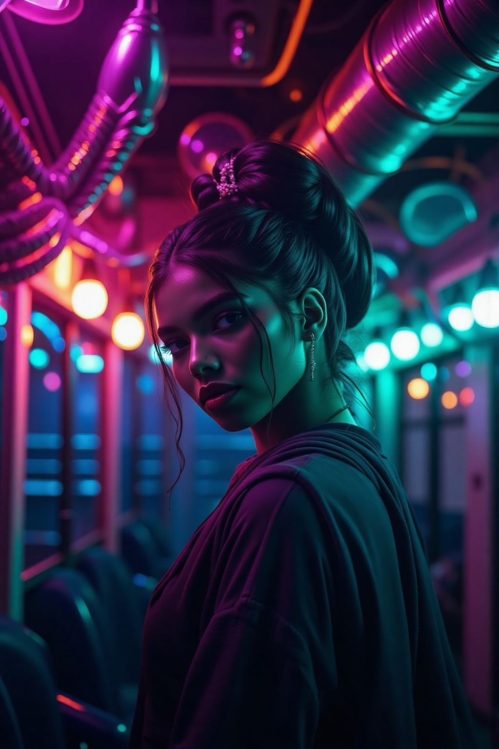 A beautiful mallu women,  teal and orange colour lighting in background,  futuristic subway on Tensor.Art