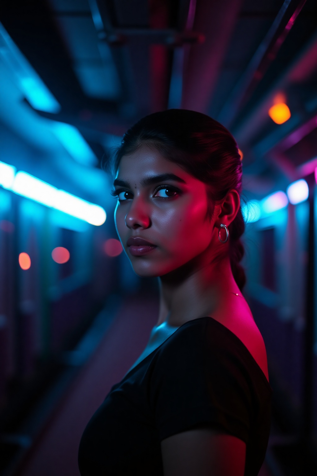 A beautiful mallu women,  teal and orange colour lighting in background,  futuristic subway on Tensor.Art