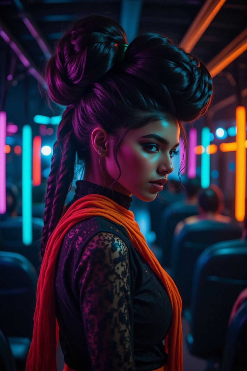 A beautiful mallu women,  teal and orange colour lighting in background,  futuristic subway on Tensor.Art