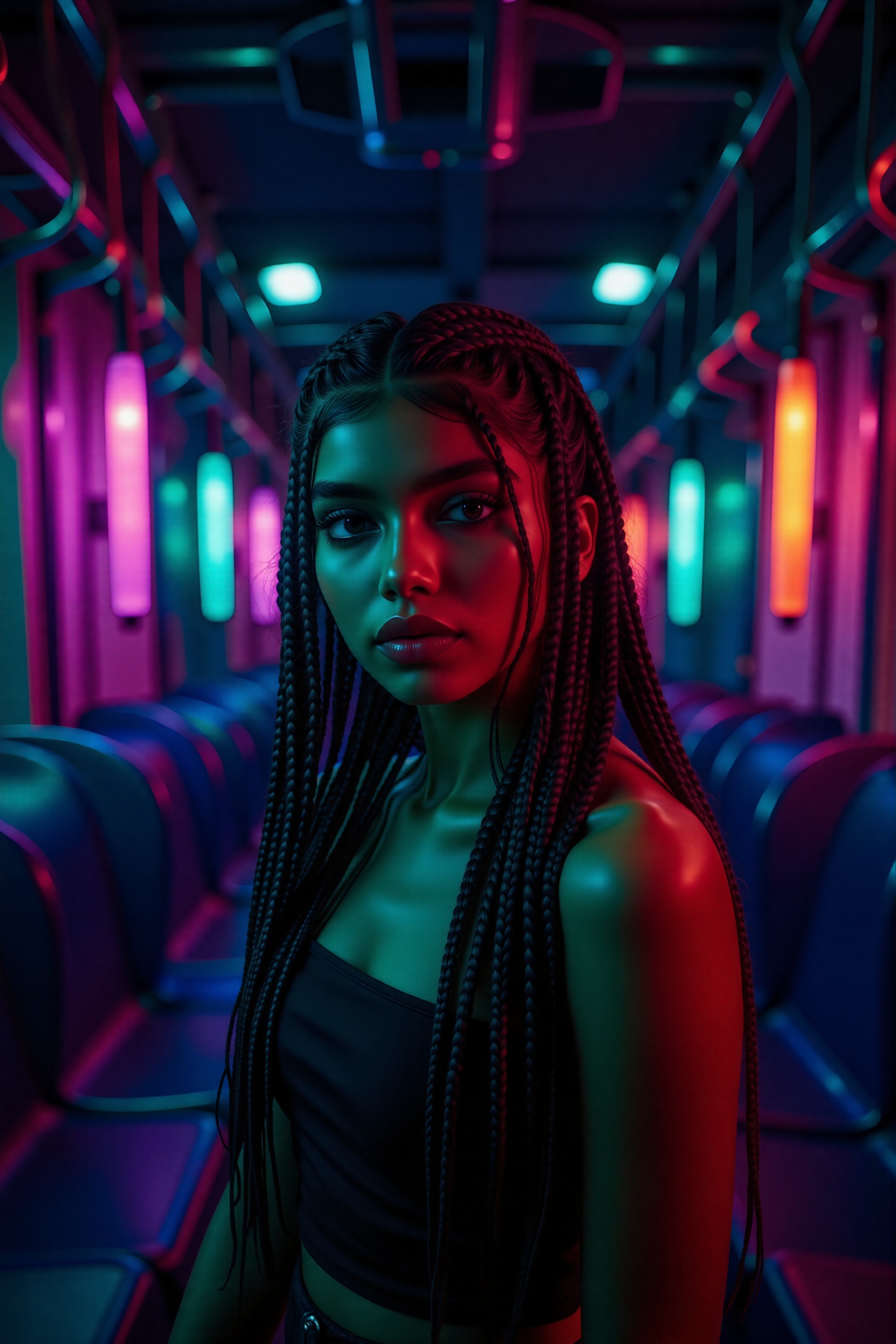 A beautiful mallu women,  teal and orange colour lighting in background,  futuristic subway on Tensor.Art