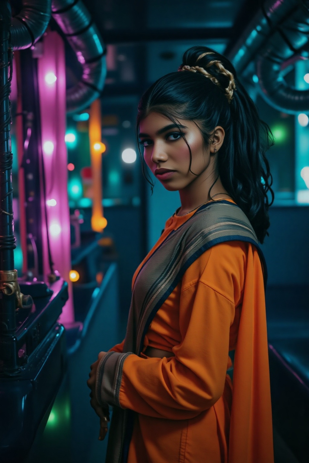 A beautiful mallu women,  teal and orange colour lighting in background,  futuristic subway on Tensor.Art