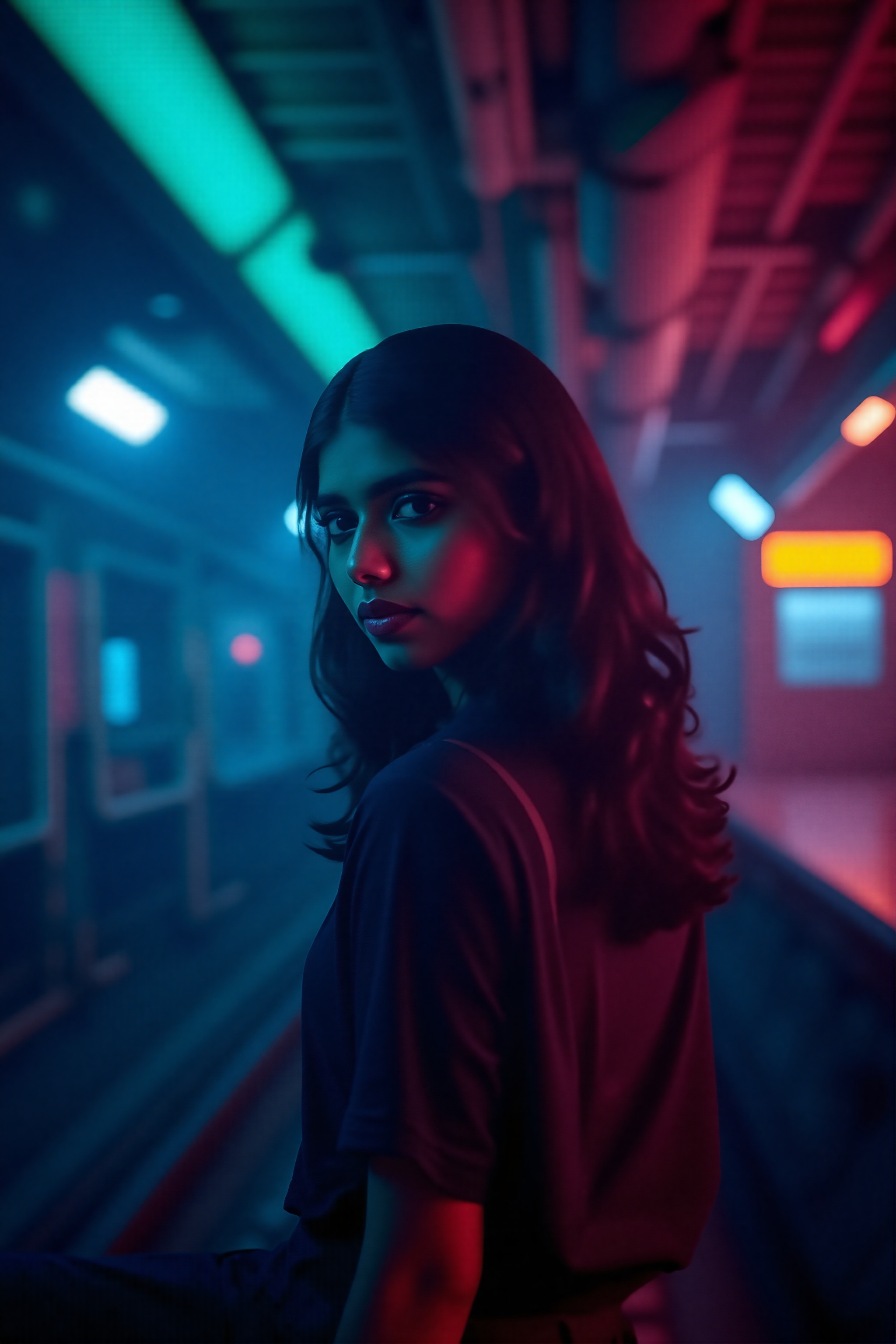 A beautiful mallu women,  teal and orange colour lighting in background,  futuristic subway on Tensor.Art