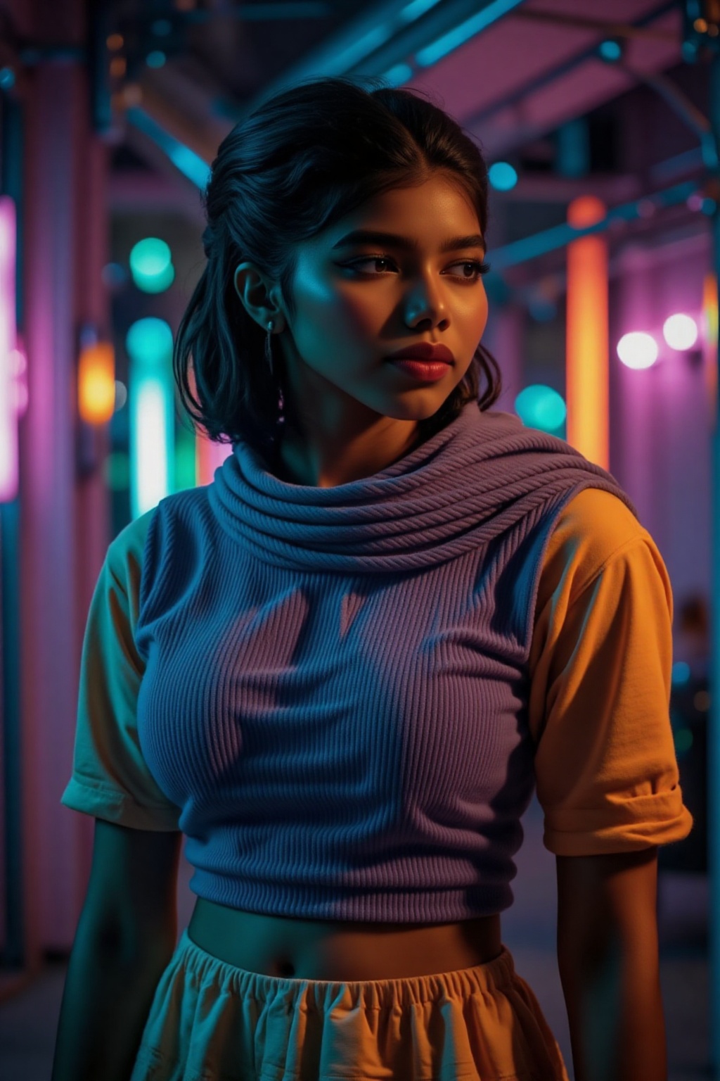 A beautiful mallu women,  teal and orange colour lighting in background,  futuristic subway on Tensor.Art