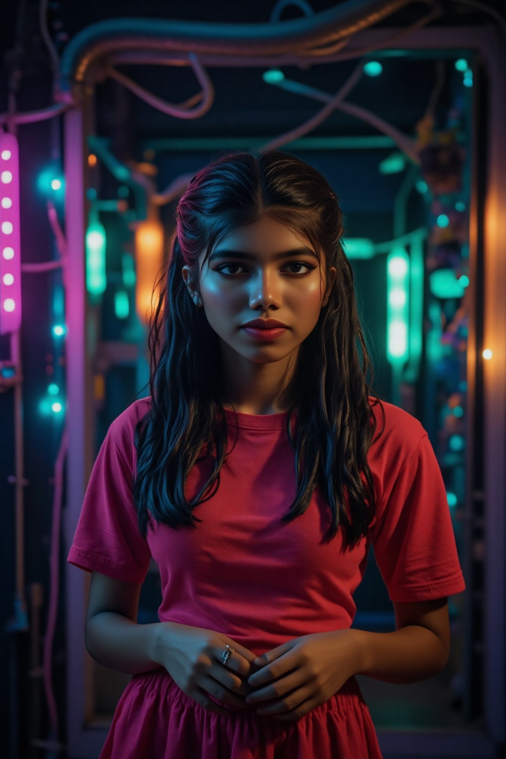 A beautiful mallu women,  teal and orange colour lighting in background,  futuristic subway on Tensor.Art