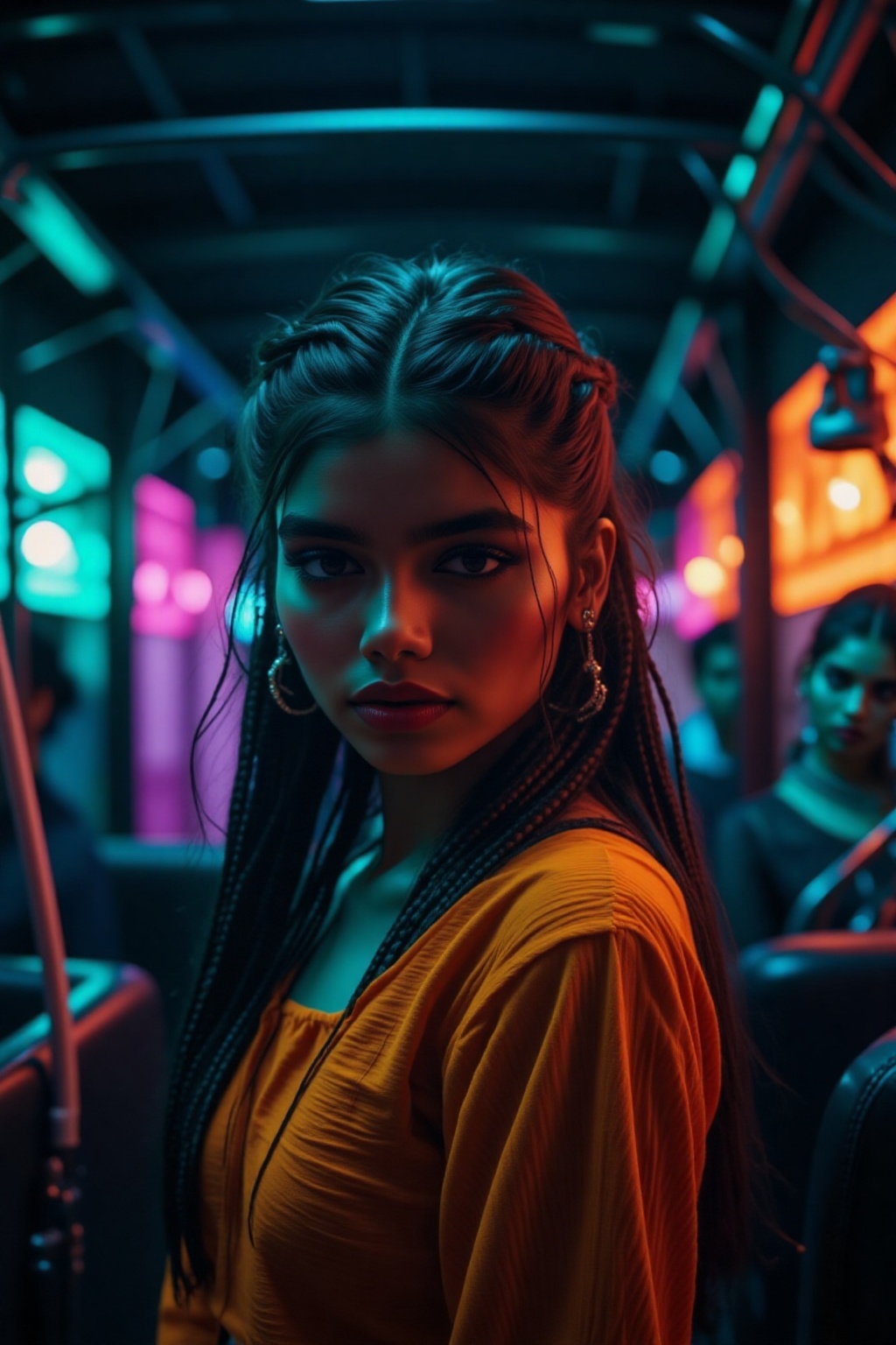 A beautiful mallu women,  teal and orange colour lighting in background,  futuristic subway on Tensor.Art