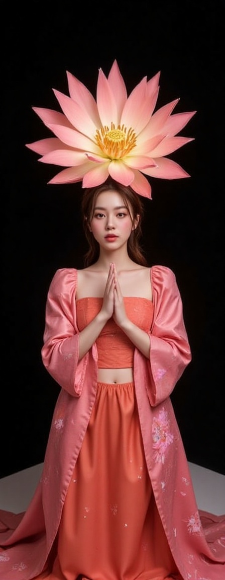 Captivating Korean woman poses protectively beneath radiant lotus,  soft glow illuminating delicate skin against sleek bla...