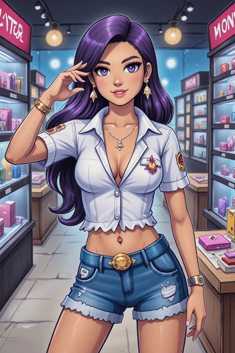 High-fashion Thai woman posing in a stylish ripped shirt and denim shorts,  showcasing her deep neckline and luxurious acc...