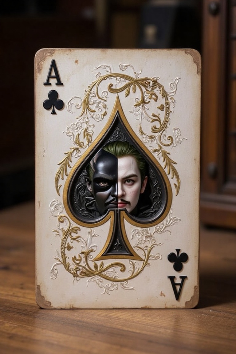 A majestic,  19th-century playing card ace of clover,  divided into two identical halves by a central double symmetry. The...