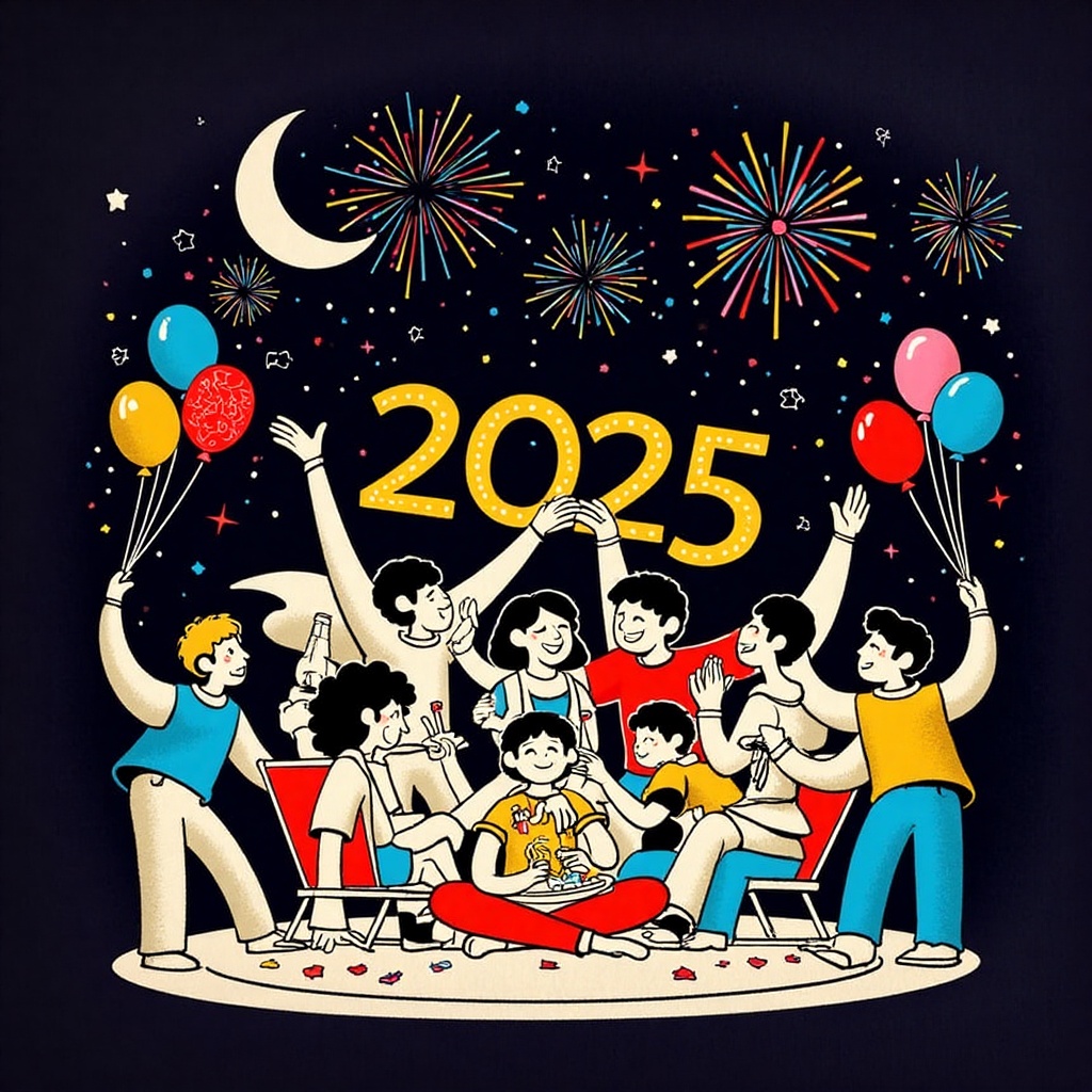Vibrant doodle line art illustration of a whimsical scene before the new year 2025: A midnight sky with stars twinkling li...