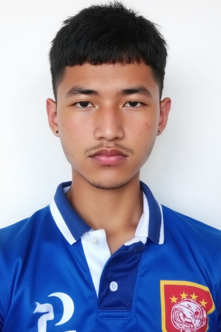 an ID photo of a teenager boy dressed in blue rugby jersey. He has short dark hair,  thick eyebrows,  blushed cheeks on Te...