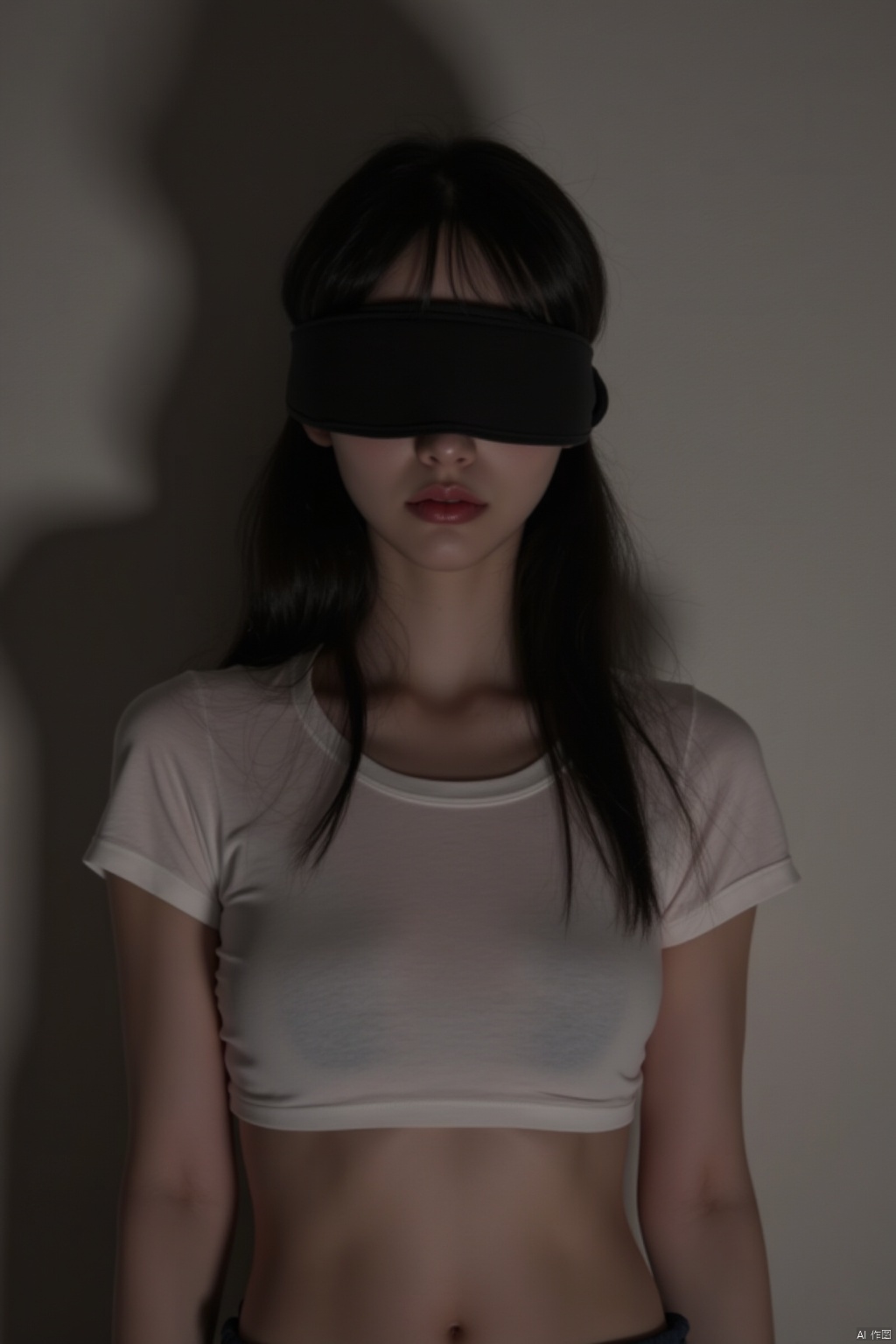 1girl, solo, long hair, breasts, shirt, black hair, white shirt, upper body, short sleeves, midriff, lips, crop top, shadow, t-shirt, facing viewer, realistic, blindfold