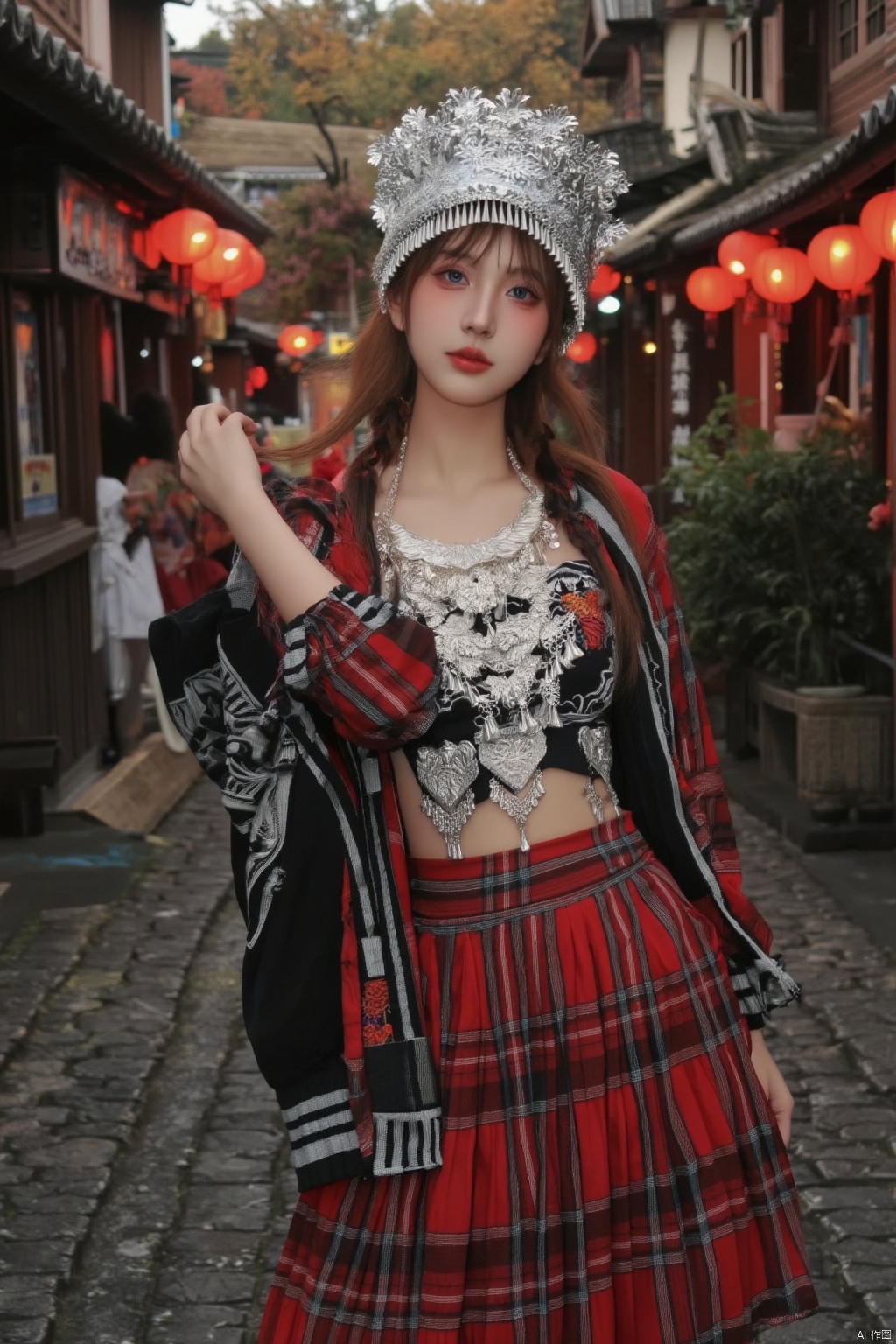 1girl, solo, looking at viewer, blush, bangs, skirt, brown hair, shirt, long sleeves, hat, holding, closed mouth, purple eyes, jacket, ponytail, cowboy shot, orange hair, plaid, red skirt, plaid skirt, baseball cap,miaofu,Silver headwear, jewelry, earrings,	forehead mark,white hair,qfl,forehead mark,qfl,INS风-Flux 起风1.0