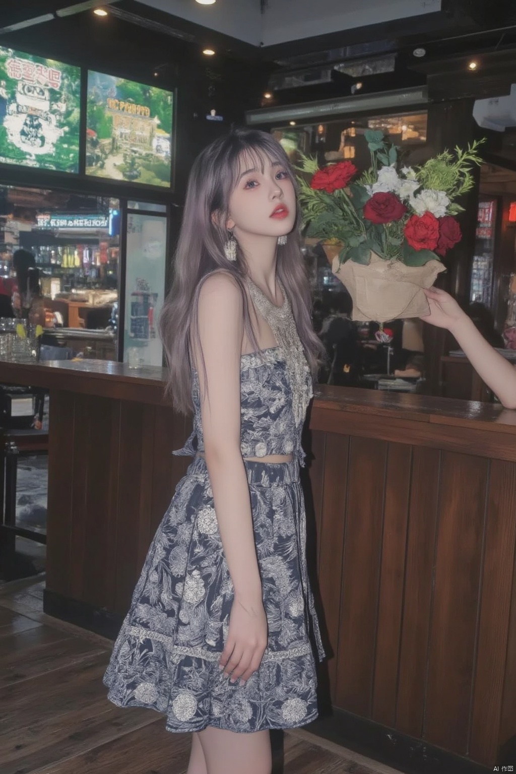 1girl, solo, long hair, looking at viewer, bangs, skirt, dress, holding, jewelry, standing, purple eyes, purple hair, flower, pantyhose, earrings, indoors, makeup, rose, bouquet, red lips, holding bouquet