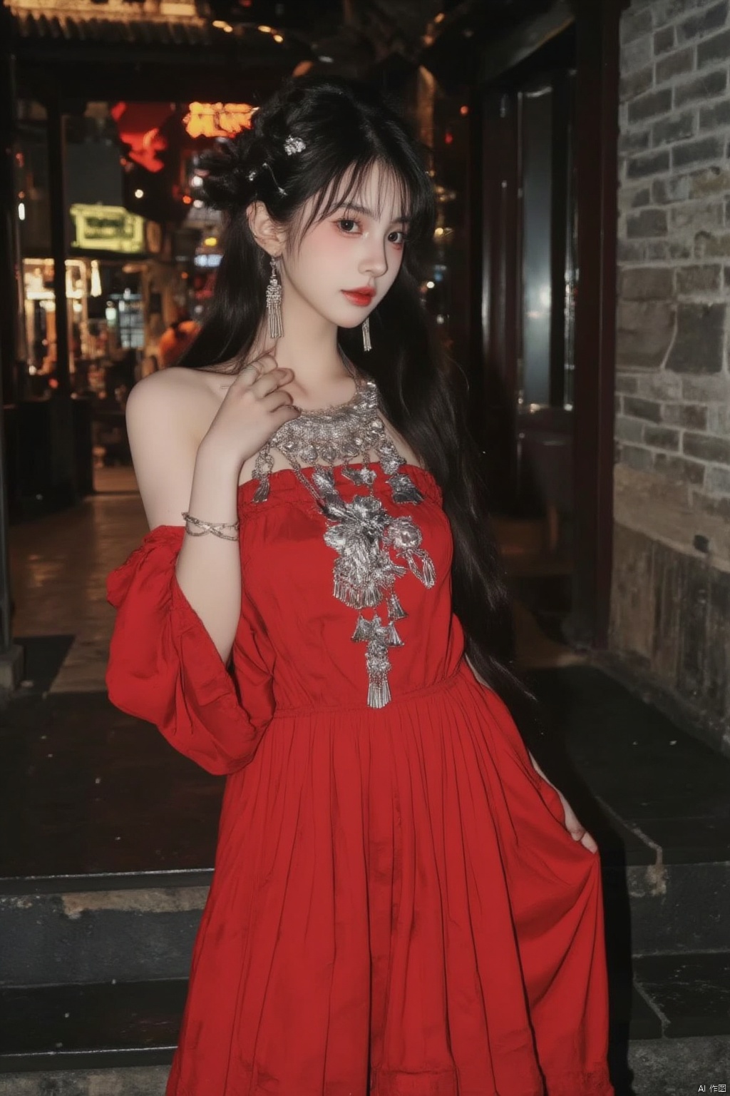 1girl, solo, long hair, breasts, looking at viewer, black hair, hair ornament, dress, jewelry, upper body, earrings, detached sleeves, necklace, red dress, hand on own chest