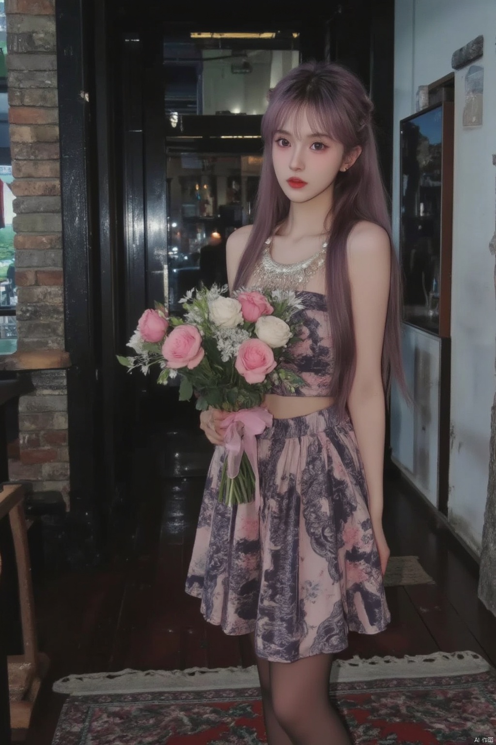 1girl, solo, long hair, looking at viewer, bangs, skirt, dress, holding, jewelry, standing, purple eyes, purple hair, flower, pantyhose, earrings, indoors, makeup, rose, bouquet, red lips, holding bouquet