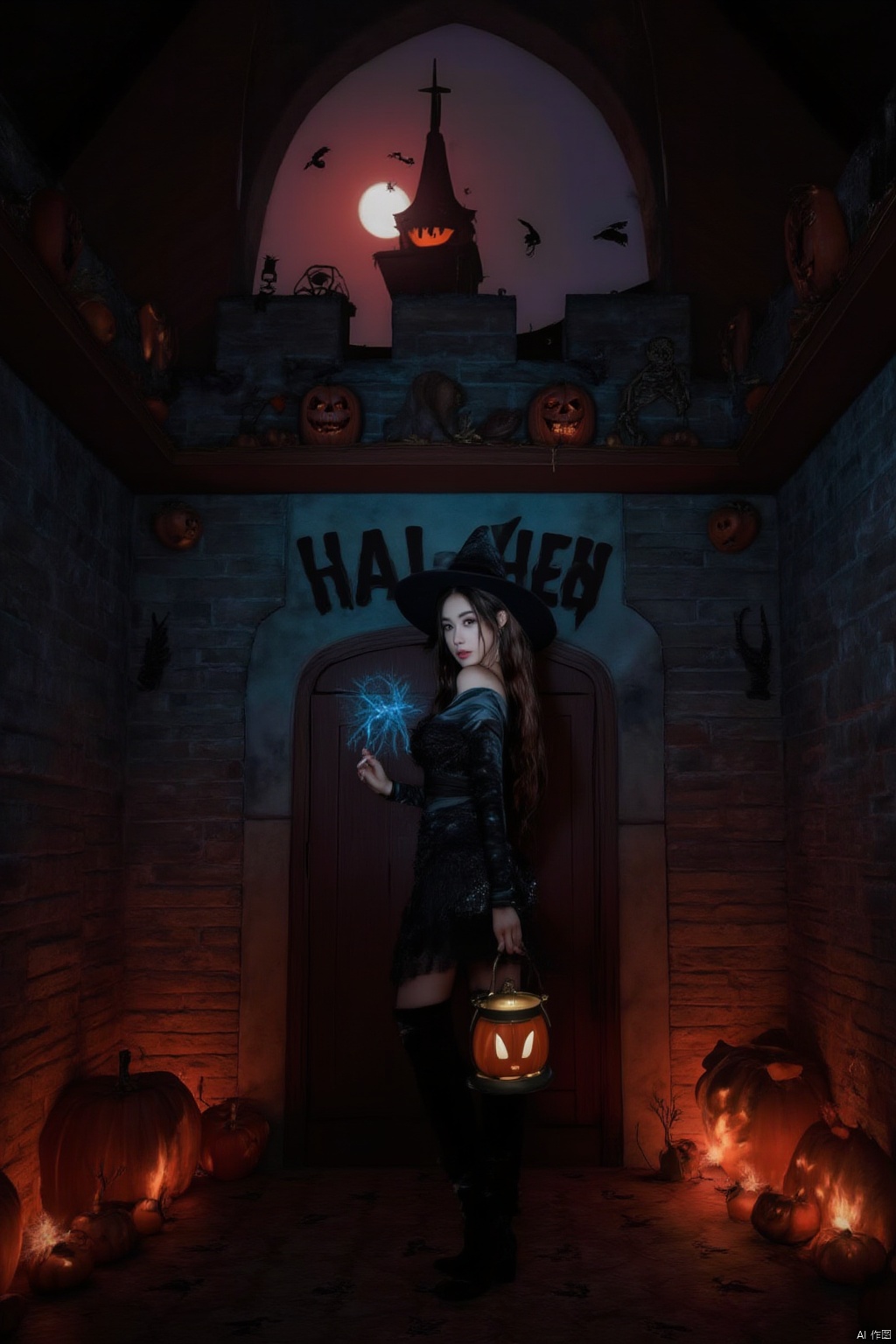 A captivating 8K CGI scene: A mysterious Eastern girl stands confidently indoors, wearing a witch's hat and holding a wand under the warm glow of a pumpkin lantern, which casts an eerie blue light on her face. The ancient medieval castle backdrop features stone walls, towers, and ornaments of pumpkins, scarecrows, skeletons, with owls and crows flying above. In the highest tower, a blood-red cross rises. Her long brown hair cascades down her back as she poses before the castle, illuminated by the bright red light of the low-hanging moon outside. Bold English letters on the wall read Happy Halloween amidst fiery flames.,INS风-Flux 起风1.0