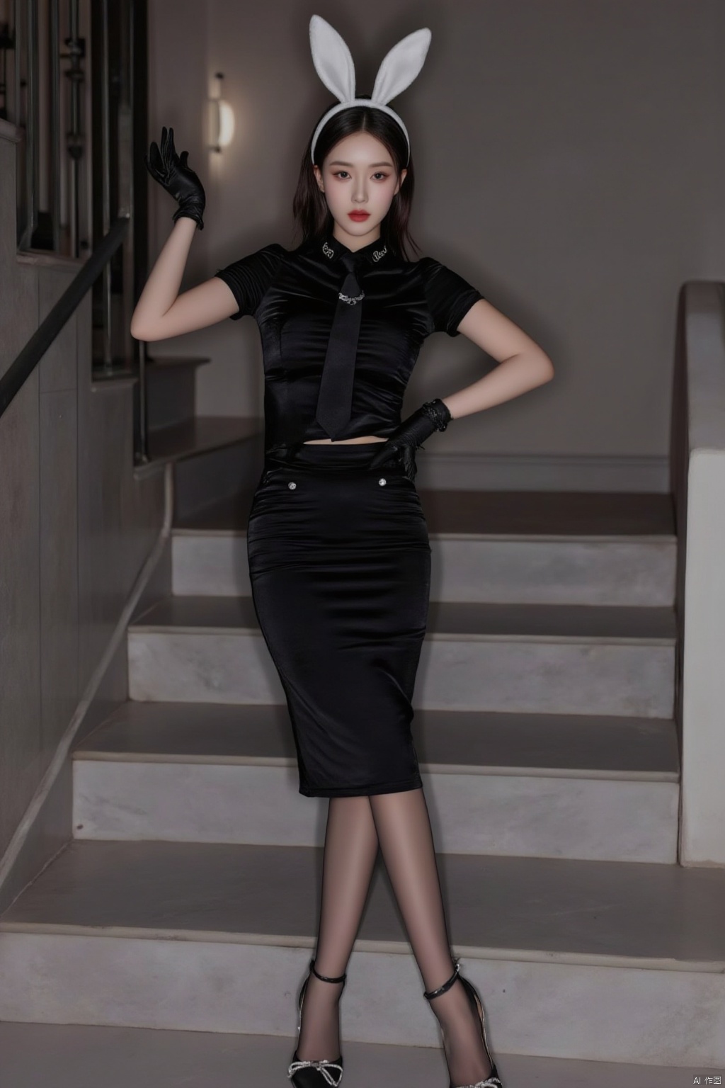 A stylish policewoman stands at attention on a staircase, wearing a crisp black uniform with a pencil skirt, short sleeves, and high heels. Her long brown hair is tied back, framing her face as she looks directly at the viewer. A pair of black gloves cover her hands, while a necktie adds a touch of professionalism to her outfit. Her black footwear shines, complemented by pantyhose that add a hint of femininity. A white rabbit ear headband adorns her head, a unique touch to an otherwise sharp and polished uniform.