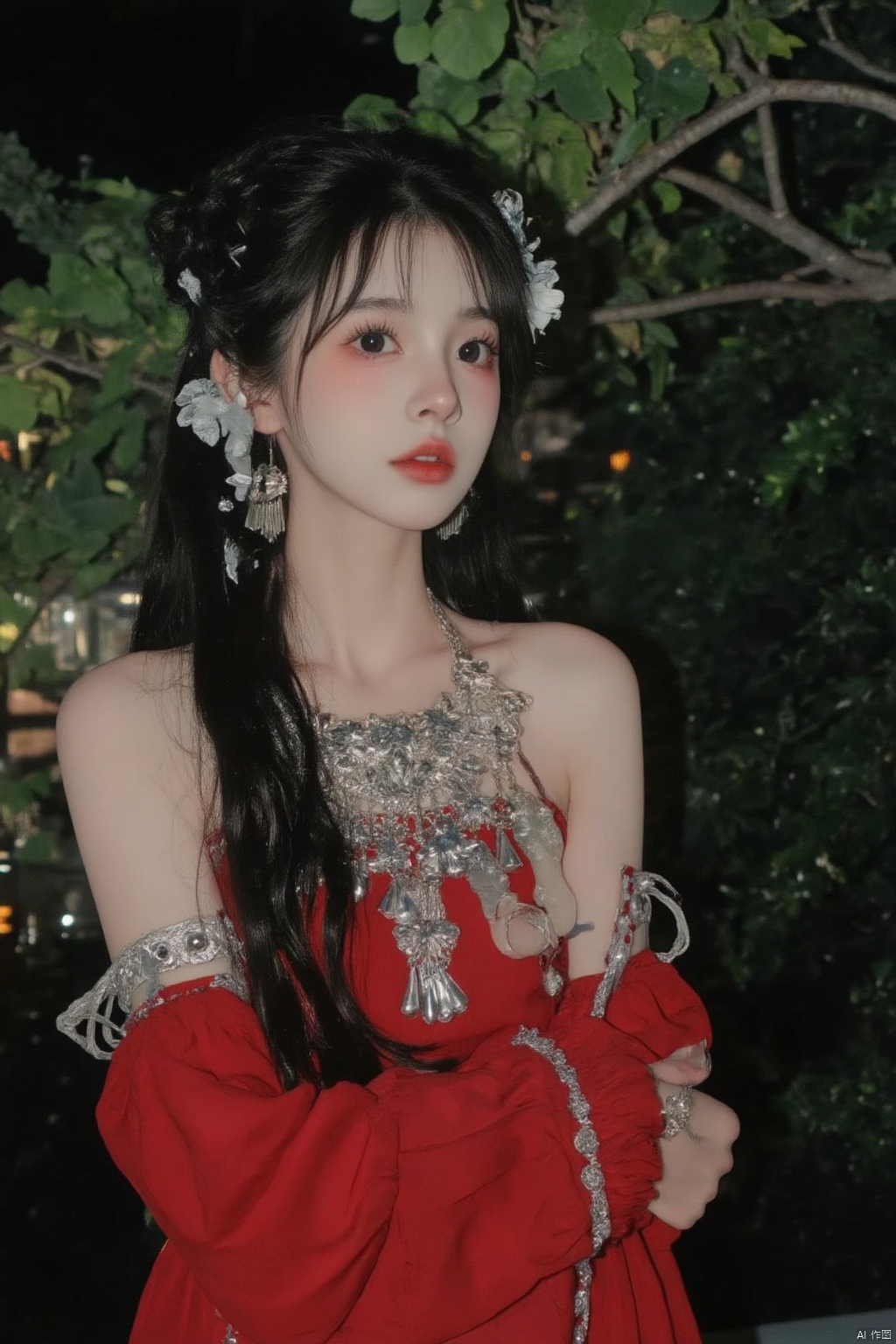 1girl, solo, long hair, breasts, looking at viewer, black hair, hair ornament, dress, jewelry, upper body, earrings, detached sleeves, necklace, red dress, hand on own chest
