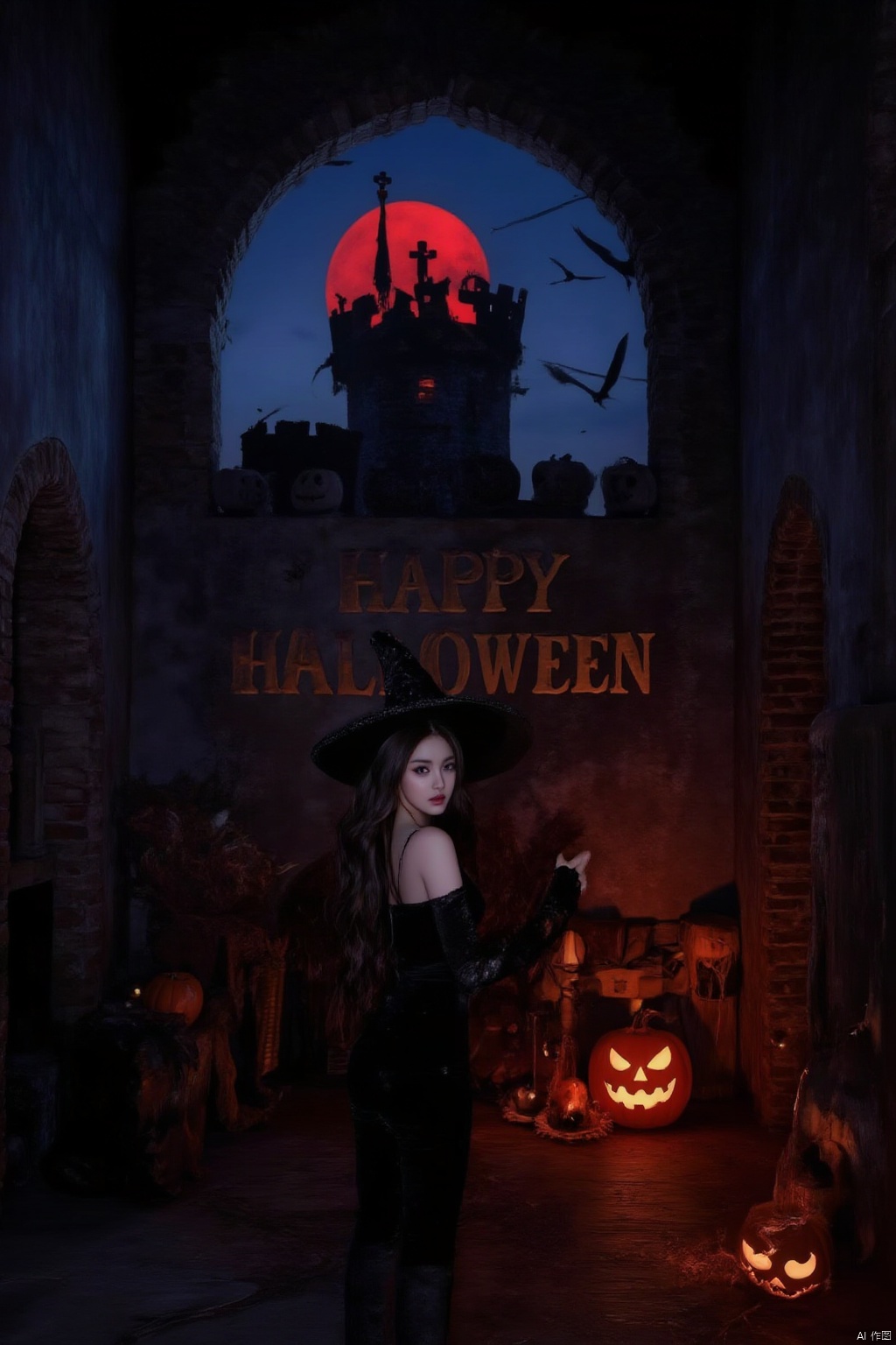 A mysterious Eastern girl stands confidently indoors, wearing a witch's hat and holding a wand under the warm glow of a pumpkin lantern. The eerie blue light casts an otherworldly ambiance on her face. Ancient medieval castle walls, towers, and ornaments of pumpkins, scarecrows, skeletons come alive with owls and crows flying above. A blood-red cross rises in the highest tower. Her long brown hair cascades down her back as she poses before the castle, bathed in the bright red light of the low-hanging moon outside. The bold English letters 'Happy Halloween' on the wall read amidst fiery flames, as a jack-o'-lantern glows large and proud beside her.