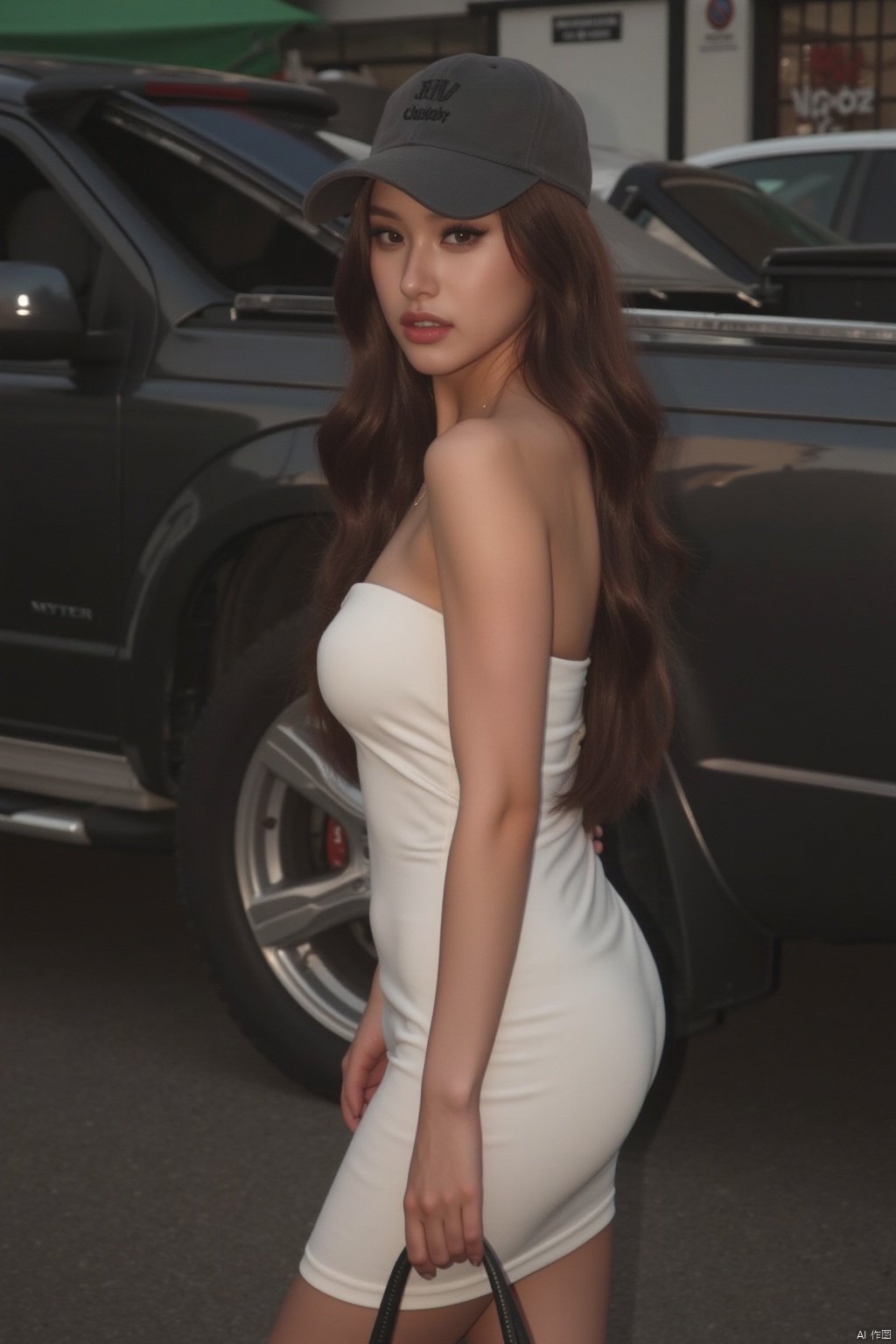 1girl, solo, long hair, looking at viewer, brown hair, black hair, hat, dress, brown eyes, jewelry, outdoors, parted lips, bag, white dress, lips, strapless, ground vehicle, baseball cap, realistic, photo background